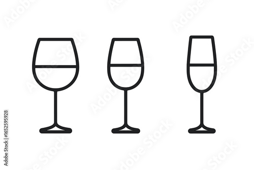 Wine glass icon set for fine dining and beverage pairings. Vector line art illustration of red wine, white wine, and champagne flute glasses for restaurant menus or bar logos.
