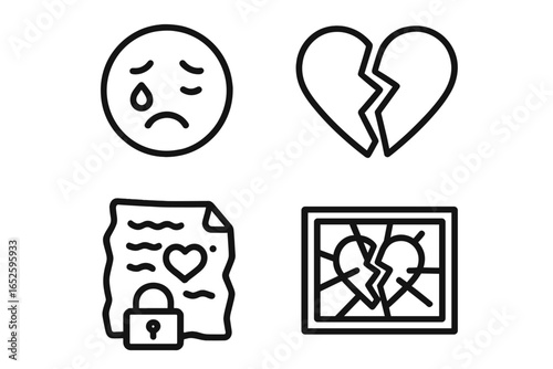 Breakup and sadness outline icon set. Vector symbols of heartbreak, divorce, and grief. Includes crying emoji, broken heart, locked love letter, and shattered photo.