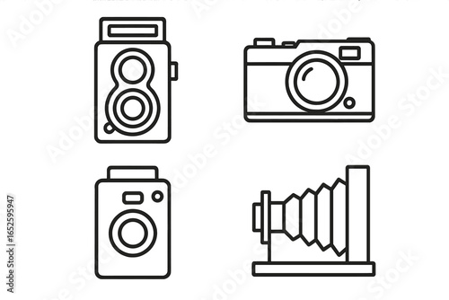 Vintage camera icons set. Outline vector illustration of retro photo equipment. Classic old cameras pictogram collection. Twin-lens reflex, rangefinder, box, folding models.