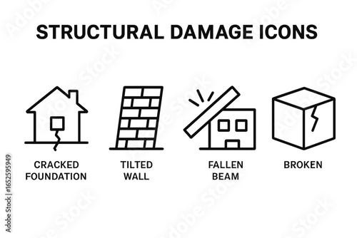 Structural Damage Icons Outline Set of House Damage Assessment Cracked Foundation Tilted Wall Fallen Beam Broken Crack Symbols Vector Illustration on Transparent Background