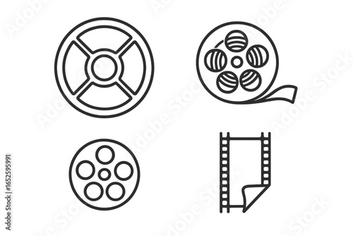 Vintage film icons set. Outline vector illustration of retro movie elements like film reel, canister, and filmstrip. Classic cinema and cinematography concept symbols.