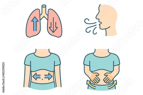 Breathing techniques vector icon set. Breath control for yoga and relaxation. Diaphragmatic breathing exercise with lungs airflow, inhale, exhale, and massage icons.