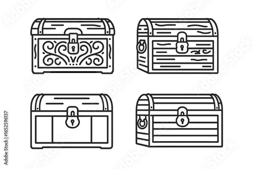 Vintage trunk icons set. Outline vector illustration of antique wooden treasure chests with carved patterns, metal latch, and lock. Old pirate box for game asset design.