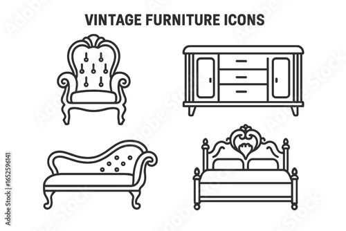 Vintage furniture line icon set. Retro interior design elements. Classic Victorian armchair, antique bed, rococo chaise lounge, and art deco credenza vector illustrations.