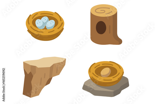 Breeding ground isometric icon set. Nesting sites vector collection. Bird nest with eggs, tree stump cavity, cliff ledge. Wildlife, nature, spring, new life concept.