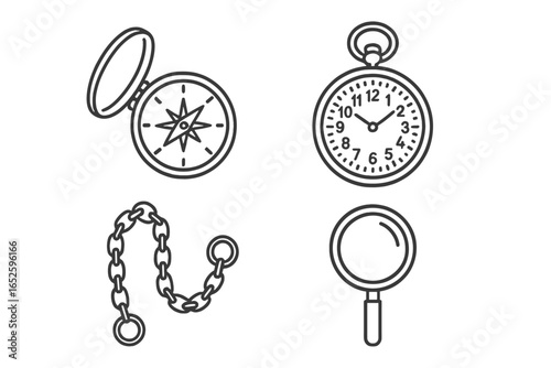 Vintage pocket accessories icon set. Outline vector illustrations of a compass, pocket watch, chain, and magnifying glass. Linear symbols for adventure, time, discovery.