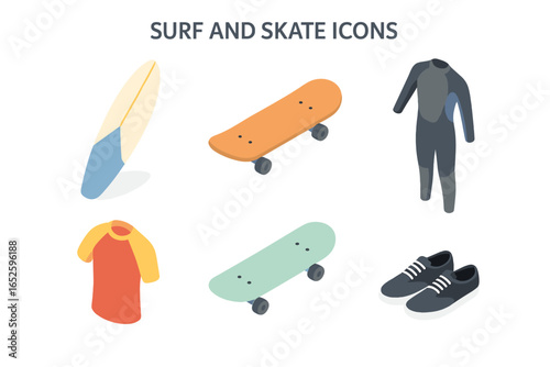 Isometric Surf and Skate Icons Set, Summer Culture Vector Illustration with Surfboards, Skateboards, Wetsuit, Rashguard, and Sneakers for Outdoor Sports