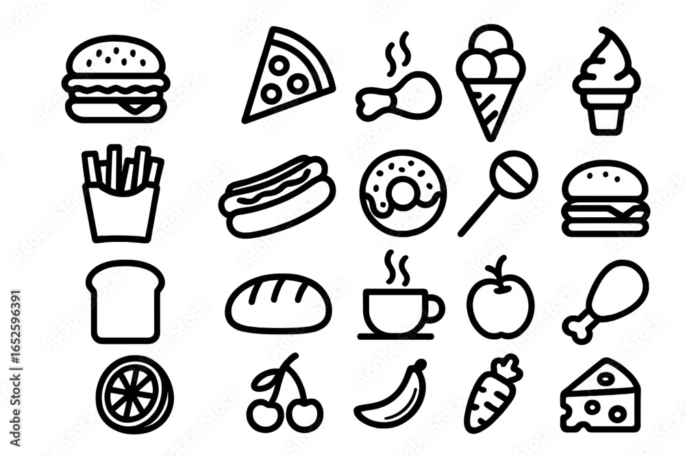 Food Icons Set, Black Line Food Vector Illustration with Transparent Background, Includes Popular Fast Food, Fruits, Desserts, Drinks, Bread, and Snacks Icons for Design