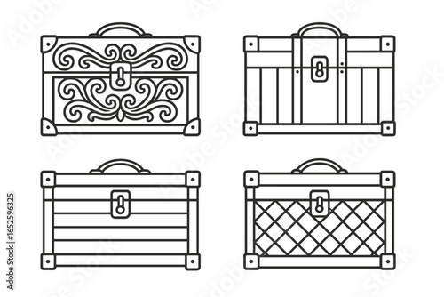 Vintage trunk outline icons set. Vector collection of retro wooden chest and luggage. Antique treasure box with carved wood pattern, metal latch, leather handle.