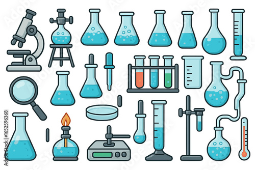 Laboratory equipment and scientific devices collection for experiments and chemical analysis, vector cartoon illustration on transparent background, research tools and glassware set