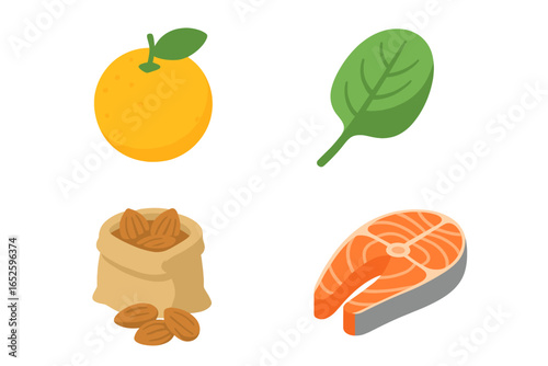 Vitamin source icons. Isometric flat icon set of vitamin and mineral sources. Citrus orange, spinach leaf, almond bag, salmon steak. Healthy food nutrition concept.