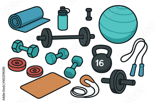 Fitness equipment set for home workouts. Vector illustration collection with dumbbell, barbell, kettlebell, yoga mat, and fitball. For strength training and exercise.