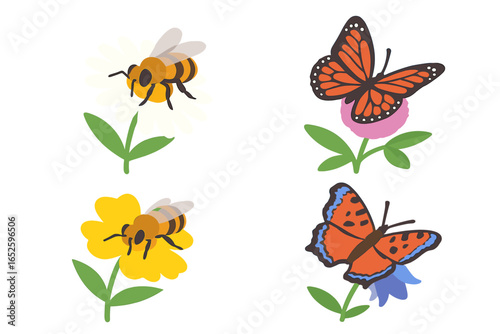 Isometric icon set of pollinators on wildflowers. Bee collecting nectar from a daisy, monarch butterfly on a pink clover. Vector illustration for spring, nature, biodiversity.