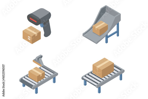 Warehouse isometric icon set. Logistics and delivery sorting system with conveyor belt, barcode scanner, roller, and sortation chute. Vector package distribution process.