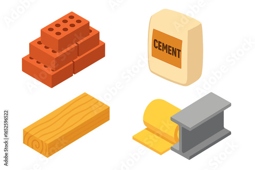 Isometric building materials icon set for construction industry. Flat vector illustration collection with brick, cement bag, wood plank, timber, steel beam, and insulation.