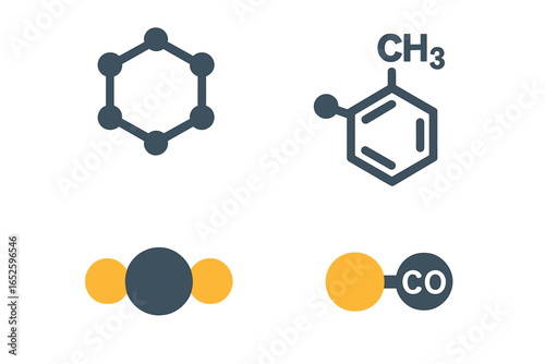 Pollutant molecules icon set. Environmental pollution chemistry symbols. Benzene, toluene, carbon dioxide, carbon monoxide chemical structures. Flat vector illustration.