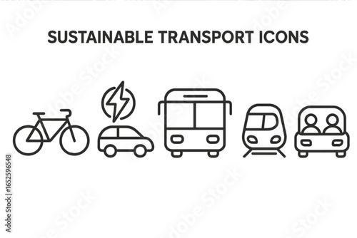 Sustainable Transport Icons Vector Set with Bicycle, Electric Car, Public Bus, Train, and Carpooling Vehicle – Outline Style Illustration for Eco-Friendly Transportation
