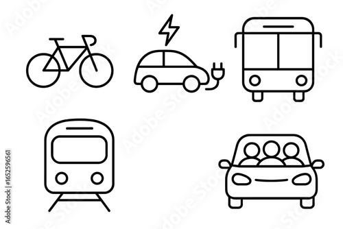 Sustainable transport icons set, outline vector illustration of eco-friendly bicycle, electric car, public bus, train, carpool vehicle, green commuting symbols