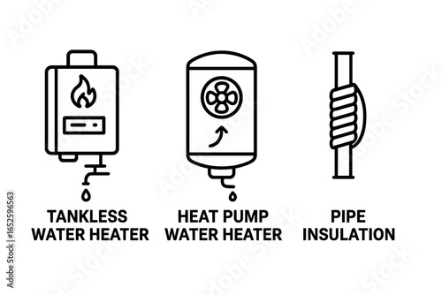 Water heater outline icon set. Vector illustration of home heating systems. Concepts for energy efficiency, tankless water heater, heat pump, and pipe insulation.
