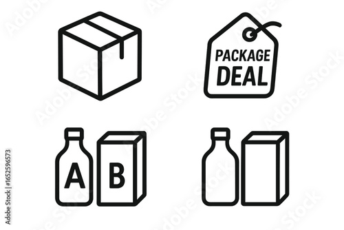 Package deal and bundle pricing outline icon set. Vector illustration of product combos, special offer tags, and boxes for e-commerce, marketing, sales and promotions.
