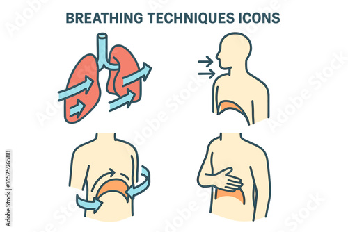 Breathing techniques icon set. Breath control, diaphragmatic breathing. Pranayama yoga exercise for stress relief. Lungs, inhale, exhale. Health, wellness, meditation.