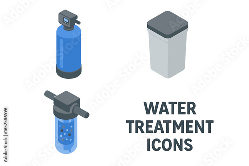 Water treatment system isometric icon set. Home water softener, brine tank, and filtration cartridge icons. Vector illustration for plumbing, purification, and clean water.