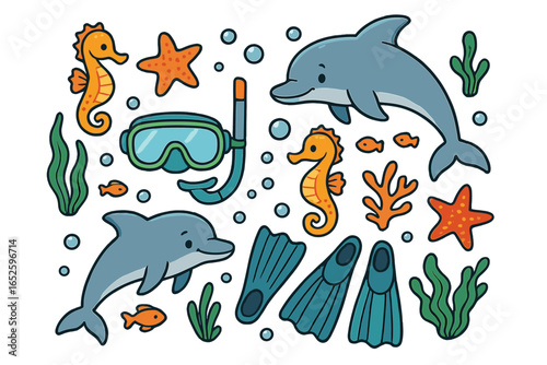 Underwater sea life cartoon vector set. Cute dolphin, seahorse, starfish, snorkeling gear. Ocean animals and diving equipment clip art collection for kids. Isolated icons.