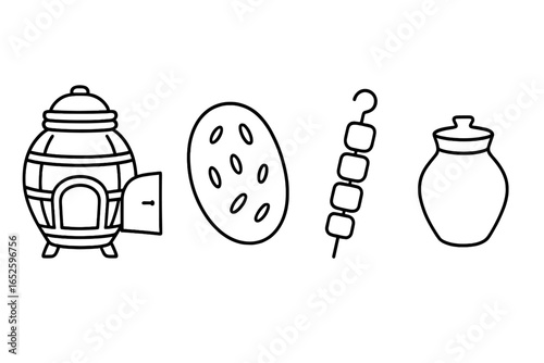 Tandoori Cooking Icons Set, Outline Vector of Clay Oven Tandoor Oven Door, Naan Bread, Skewered Kebab, and Clay Pot, Indian BBQ Food Illustration on Transparent Background