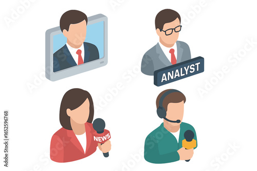 Isometric broadcast media icons. On-screen presenter, news analyst, journalist reporter with mic, sideline commentator avatar set. Flat vector television illustration isolated.