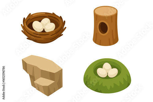 Bird breeding grounds icon set. Isometric vector of nesting sites: cup nest with eggs, tree cavity, cliff ledge, ground nest. Wildlife, nature, spring, reproduction concept.