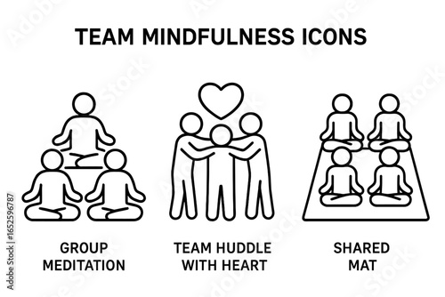 Team Mindfulness Icons Set, Outline Vector Illustrations of Group Meditation, Team Huddle with Heart, and Shared Mat for Wellness and Collaboration Practices