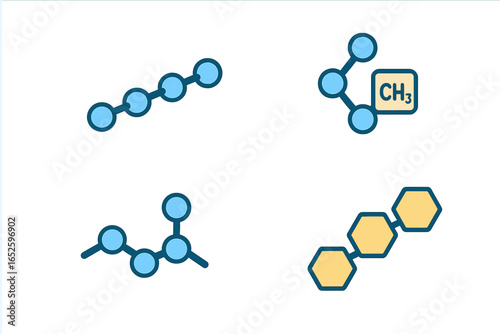 Polymer icon set. Isometric flat vector illustration of macromolecules. Polyethylene chain, polypropylene segment with CH3 methyl group, and polystyrene chemical structures.