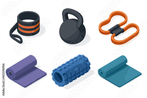 Fitness and gym workout equipment set. Isometric vector icons of kettlebell, yoga mat, foam roller, resistance band, wrist wraps. Sport training and healthy lifestyle concept.