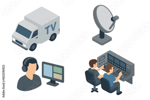 Broadcast truck isometric icon set. Mobile production van, satellite dish, and TV news crew at a control panel for live event coverage. Media vector illustration pack.