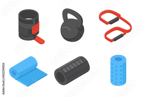 Fitness isometric vector icon set. Gym equipment for training, workout, sport. Kettlebell, yoga mat, foam roller, resistance band, wrist wrap. Flat design illustration.