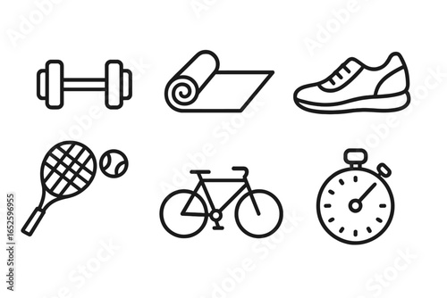 Fitness and sports outline icon set. Vector collection of simple line art symbols. Includes dumbbell, yoga mat, running shoe, tennis, bicycle, and stopwatch for a healthy lifestyle.