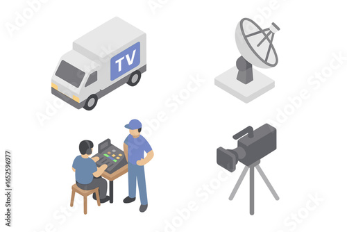 Isometric broadcast equipment icon set with a TV van, satellite dish, video production crew, and professional camera. Mobile reporting and live media concept vector icons.