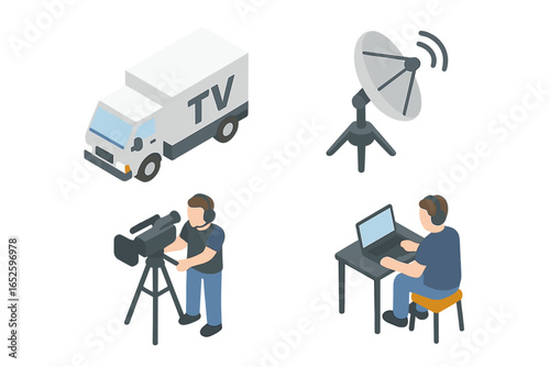 Isometric broadcast truck icon set. TV news media production concept. Live television reporting with mobile van, cameraman, satellite dish and crew operator vector illustration.