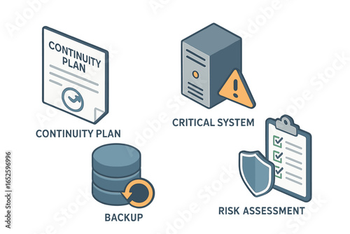 Business continuity and disaster recovery plan isometric icon set. Risk assessment, critical system alert, data backup concepts for corporate resilience and security strategy.