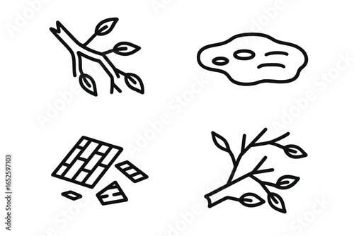 Post-storm street icons. Outline icon set of post-storm street debris, fallen tree branches, flooded potholes, and scattered roofing. Vector illustration concept.