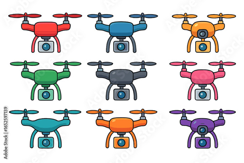 Set of colorful cartoon drones with cameras. Vector illustration collection of quadcopters for aerial photography or video. Unmanned aerial vehicle icons in flat design style.