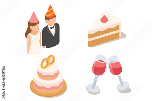 Wedding reception icon set. Isometric flat vector illustration of a bride and groom couple with party hats, marriage cake with rings, dessert slice and wine glass toast.