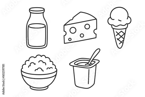 Dairy products icon set. Vector line art illustration. Milk, cheese, ice cream, yogurt, cottage cheese icons. Healthy food and drink. Calcium source. Outline farm produce.