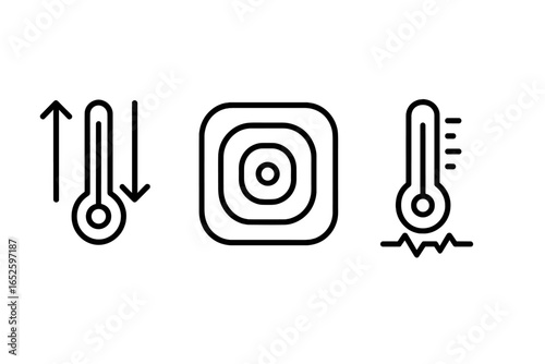 Temperature Icon Set with Thermal Expansion, Heatmap, and Conductivity Symbols in Material Science Outline Vector Illustration on Transparent Background