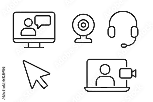 Telemedicine icon set with outline style including computer screen with chat, video call window, webcam, headset, and mouse cursor vector illustration for online healthcare