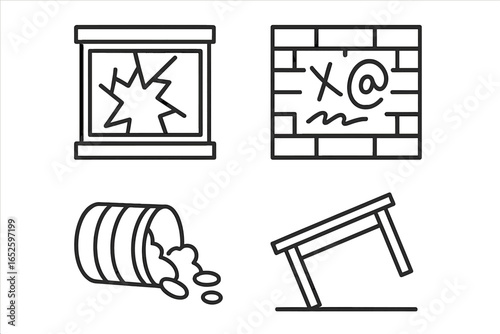 Riot aftermath icon set. Social unrest and protest destruction symbols. Vandalism, chaos concepts. Smashed window, graffiti wall, toppled barricade, trash can line icons.