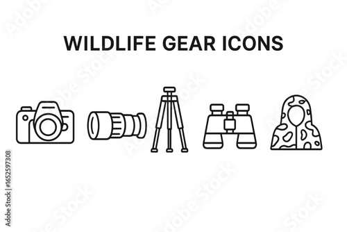 Wildlife photography & birdwatching gear icon set. Line art vector of camera, telephoto lens, tripod, binoculars, camouflage. Nature safari adventure equipment symbols.
