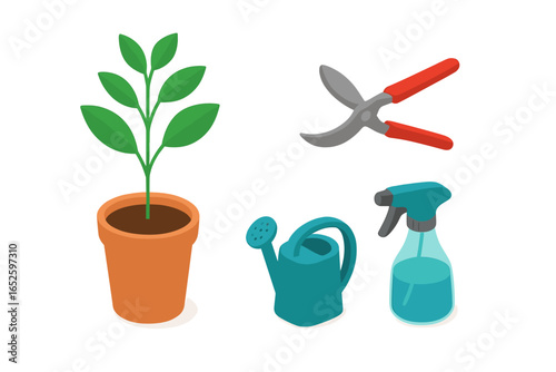 Isometric potted plant care icon set. Vector illustration of a houseplant, watering can, pruning shears, and spray bottle. Gardening tools for home garden hobby.