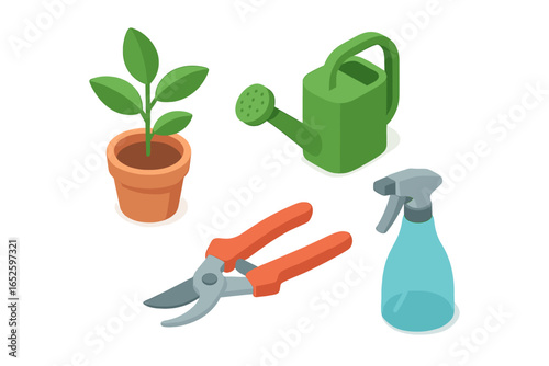 Potted plant tools icon set. Isometric plant care and gardening equipment. Vector illustration of a houseplant, watering can, pruning shears, and a misting spray bottle.