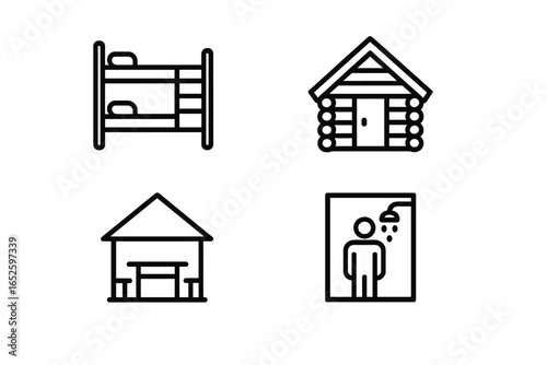 Camp facility vector icon set. Outline symbols for summer camp accommodation. Includes bunk bed for hostel, log cabin, dining hall or picnic area, and public shower.